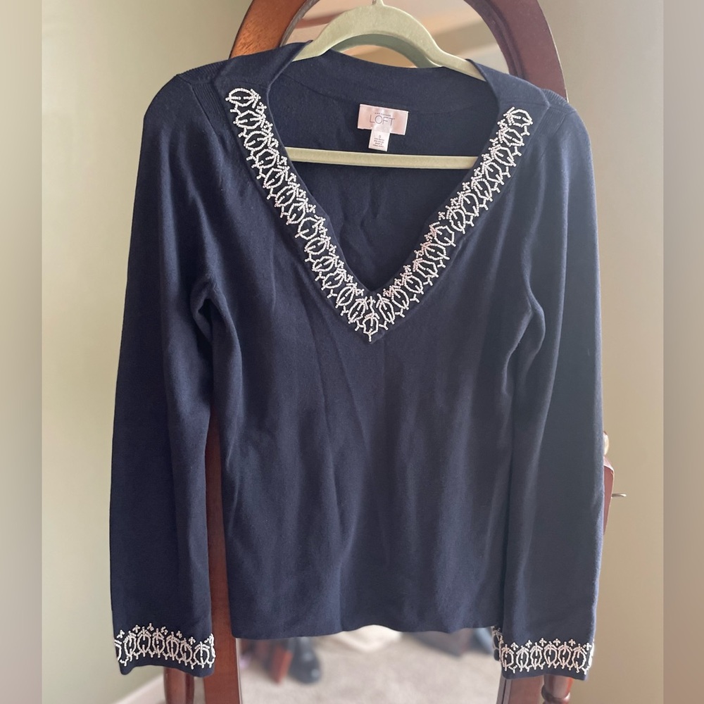 LOFT Black V-Neck Blouse with White Beading